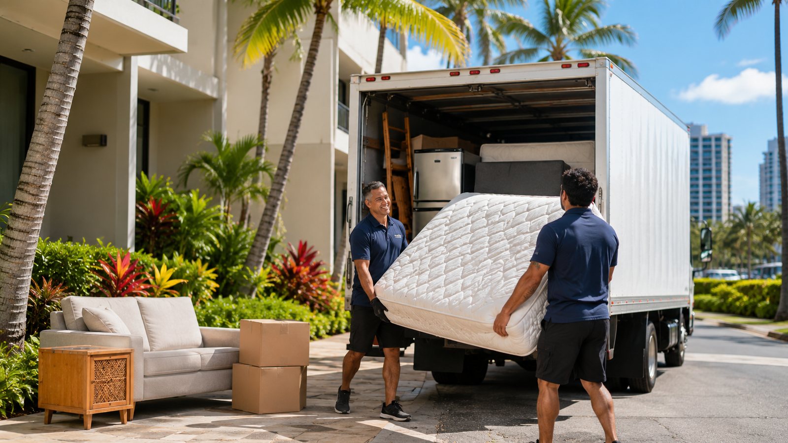Bulky furniture and mattress staged for pickup outside a Hawaii condo