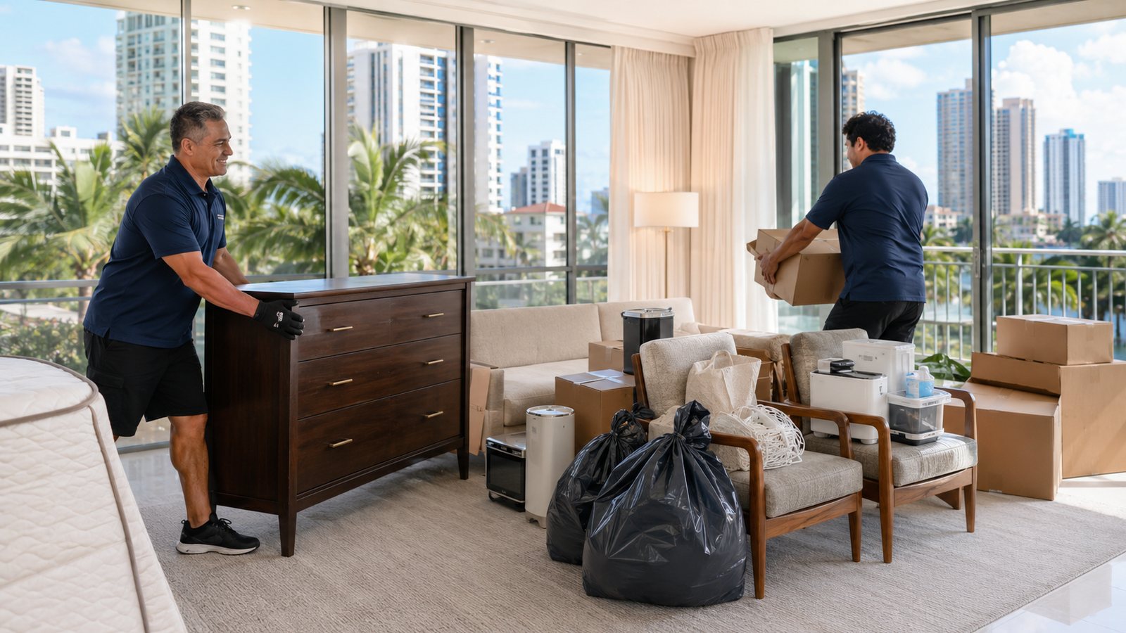 Waikiki condo cleanout with furniture, boxes, bags, and household items staged for pickup