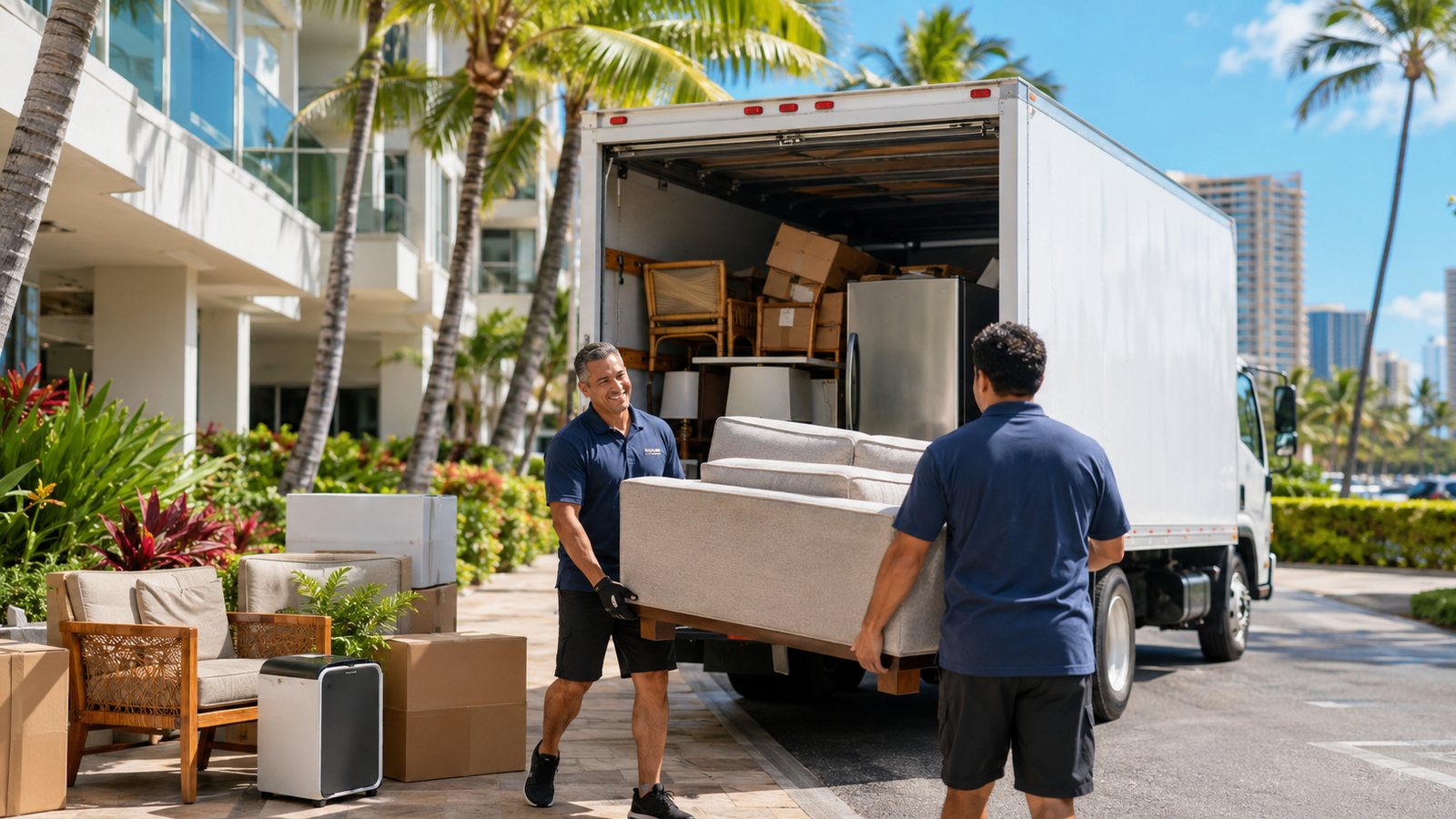 Hawaii Junk crew loading a truck on a side street near a Waikiki condo